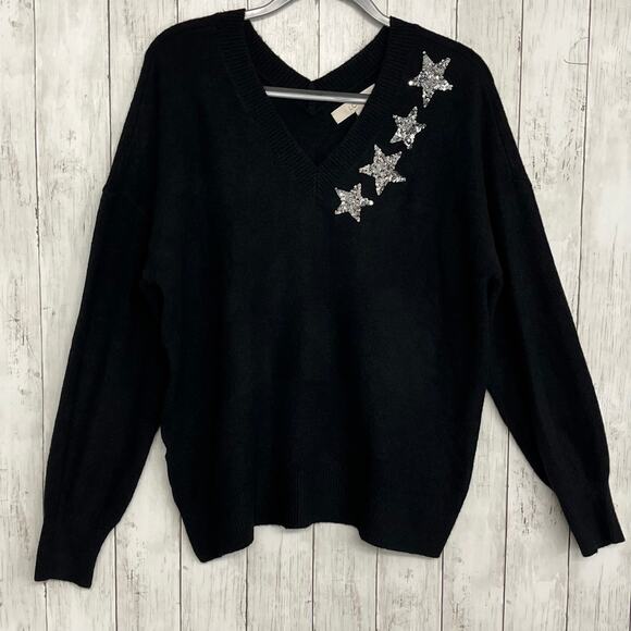 Loft Black Shimmer Silver Sequin Star V-Neck Back Long Sleeve Sweater XL - Picture 1 of 7